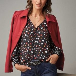 CAbi 3957 Cheerful Blouse L Floral Striped Button Front Long Sleeve Black Multi